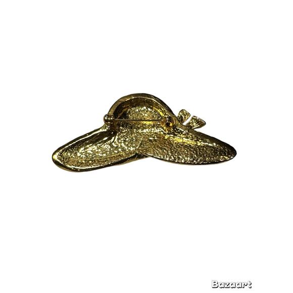 Vintage Brooch Pin Red Enamel W/ Purple Rhinestones Floppy Hat Gold Tone 2.25” - Picture 3 of 4